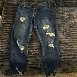 Distressed Blue Jeans with Button Fly